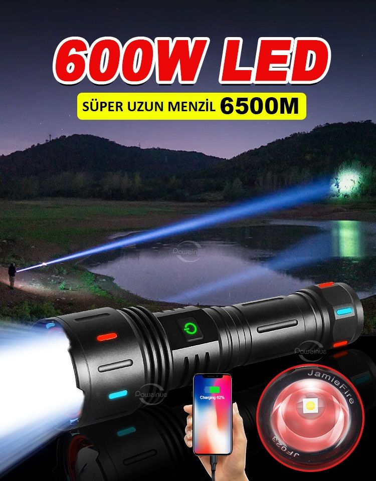 Ultra Güçlü Led Taktik El Feneri 600Watt Şarj edilebilir Flaş Işığı Kamp Fener Su Geçirmez Uzun Zoom