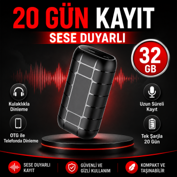 32 Gb USB Ses Kayıt Dinleme Cihazı Tek Şarjla 20 Gün Kayıt Kulaklıkla Dinleme Uzun Süreli Kayıt
