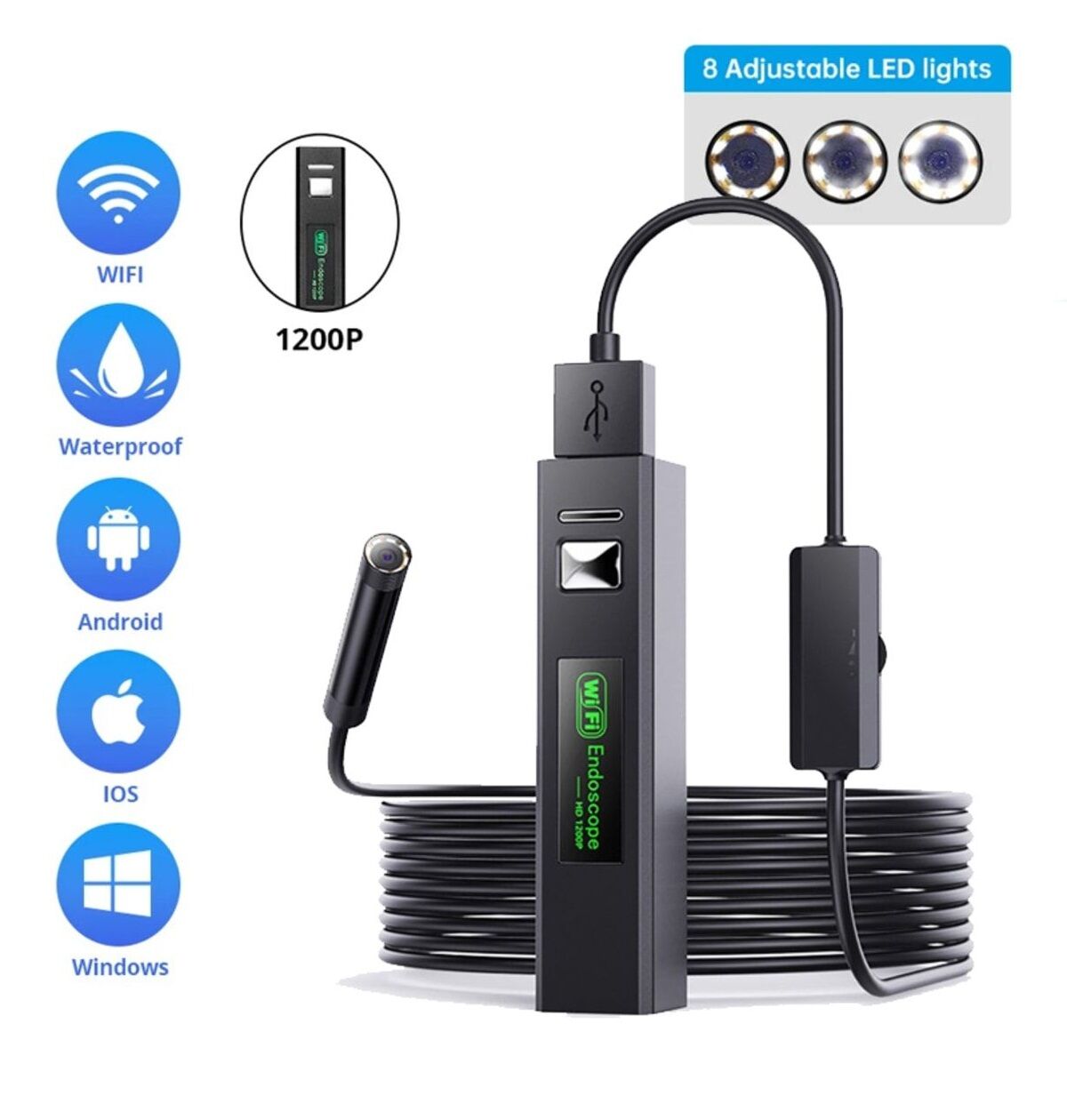 1200P WiFi endoskop kamera su geçirmez muayene yılan Mini kamera 8LEDs USB Borescope 10mt