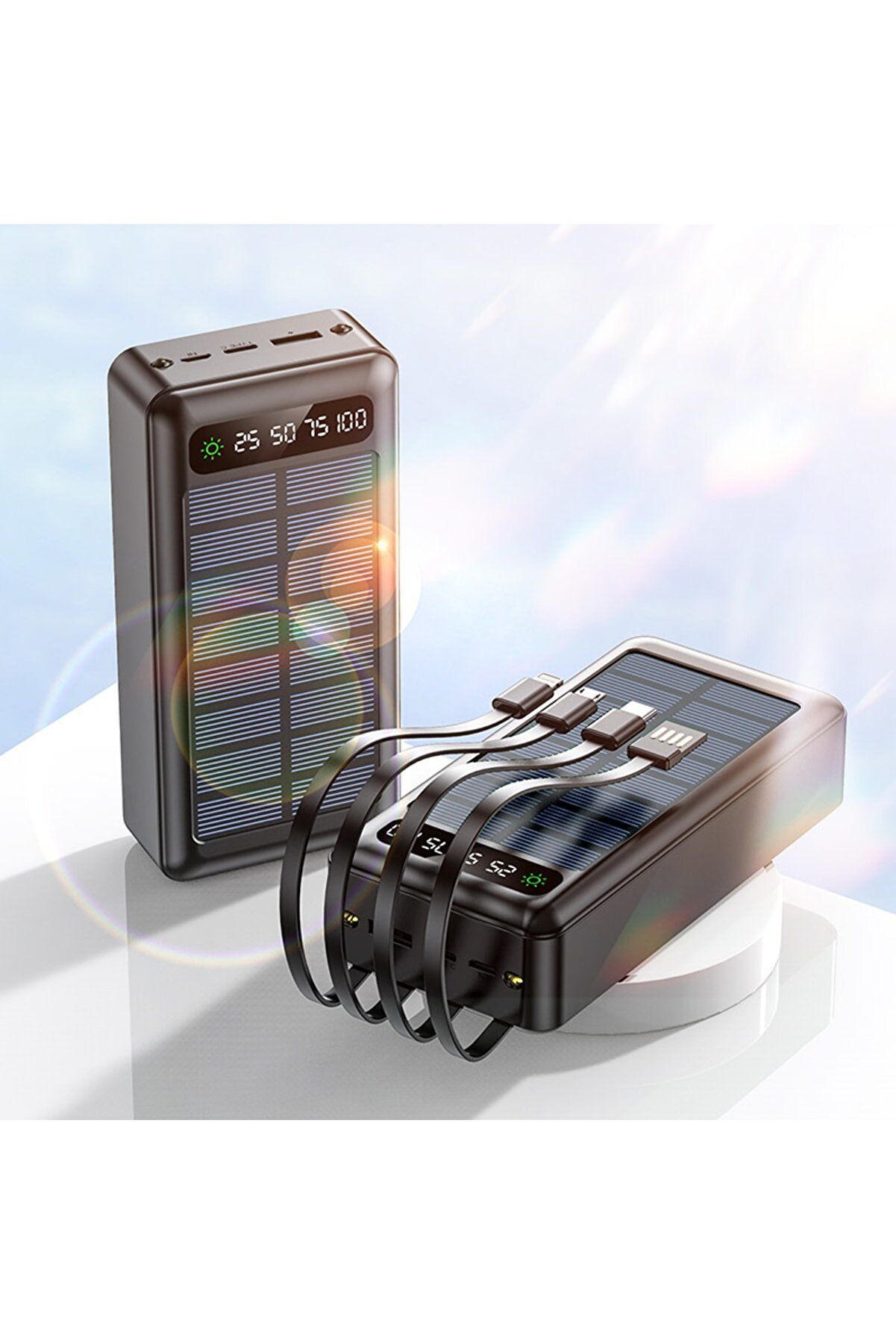 Solar Güneş Enerjili 30.000mah Şarj Powerbank Led Ekran Göstergeli Işıklı