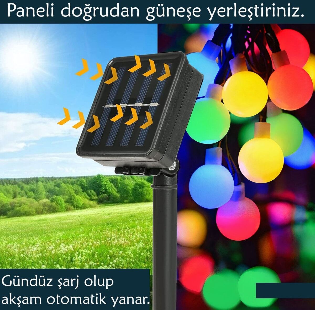 50 Led 7 Metre Solar Renkli Led Işık Güneş Enerjili Bahçe Teras Balkon Ağaç Lambası Aydınlatması