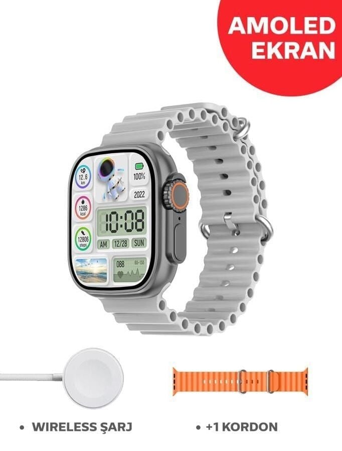 Hk8 Pro Max Amoled Ekranlı Bt Çağrı Destekli Siyah Kasa Akıllı Saat Beyaz