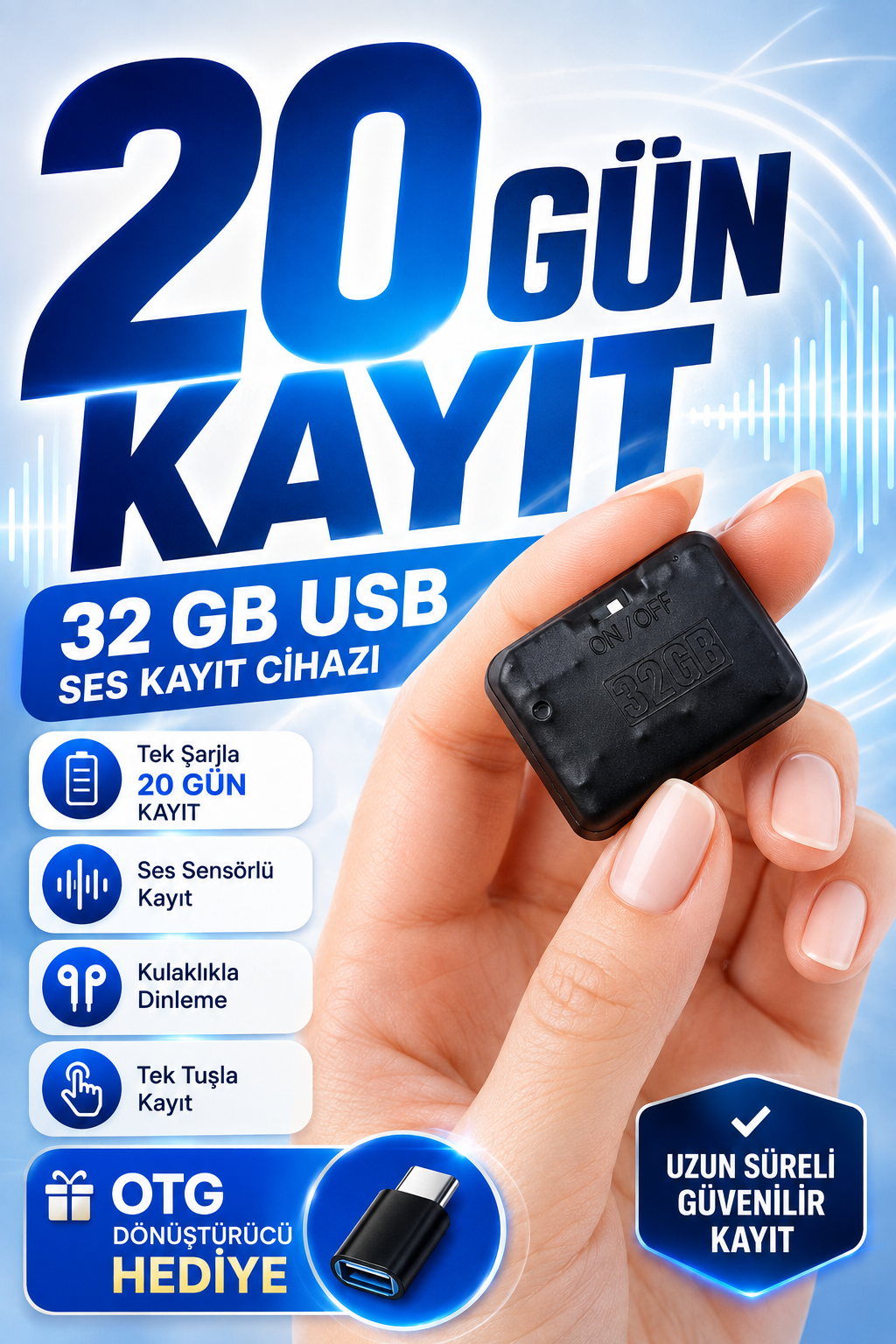 Ses Kayıt Dinleme Cihazı Tek Şarjla 20 Gün Kayıt Kulaklıkla Dinleme Uzun Süreli Kayıt