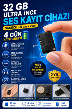 Ultra İnce Mini Ses Kayıt Cihazı Kulaklıkla Dinleme 4 Gün Şarj Süresi Sese Duyarlı