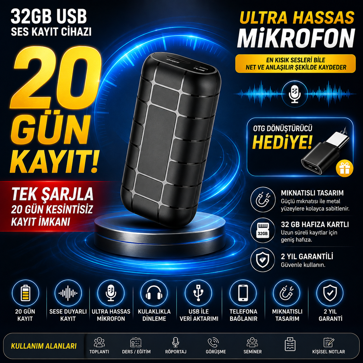 Tek Şarjla 20 Gün Kayıt Kulaklıkla Dinleme Uzun Süreli Kayıt Cihazı Sese Duyarlı Bekleme Özelliği Ultra Hassas Mikrofon